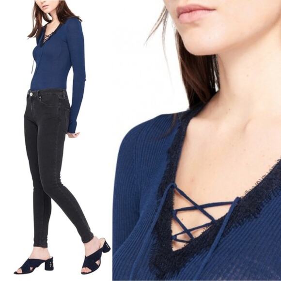 Sandro Blue Fathy Ribbed Knit V-Neck Lace Up Long Sleeve Top Size 2 - Picture 1 of 11